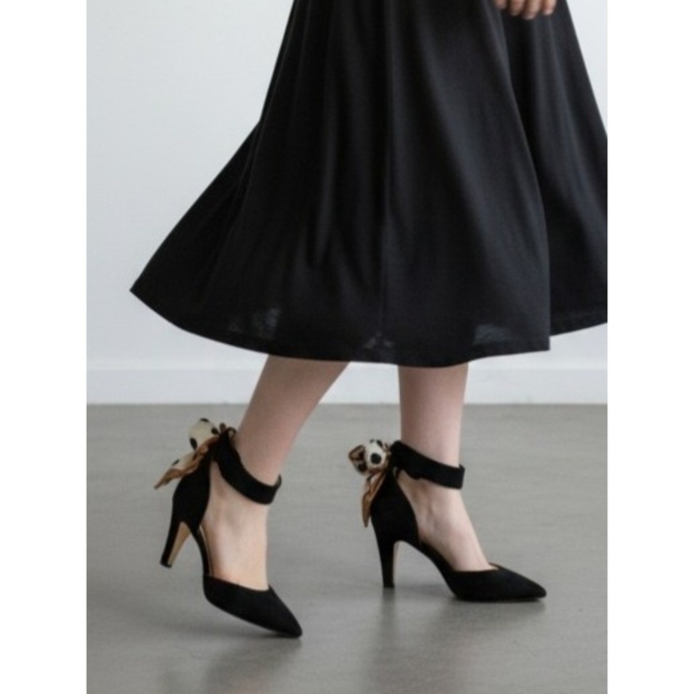 D'Orsay Pumps Women 40 Black Faux Suede Polka Dot Scarf Bow Stiletto Heels Chic - Picture 7 of 7